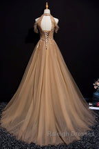 Charming Champagne Tulle Halter Long Party Gown, Prom Dress