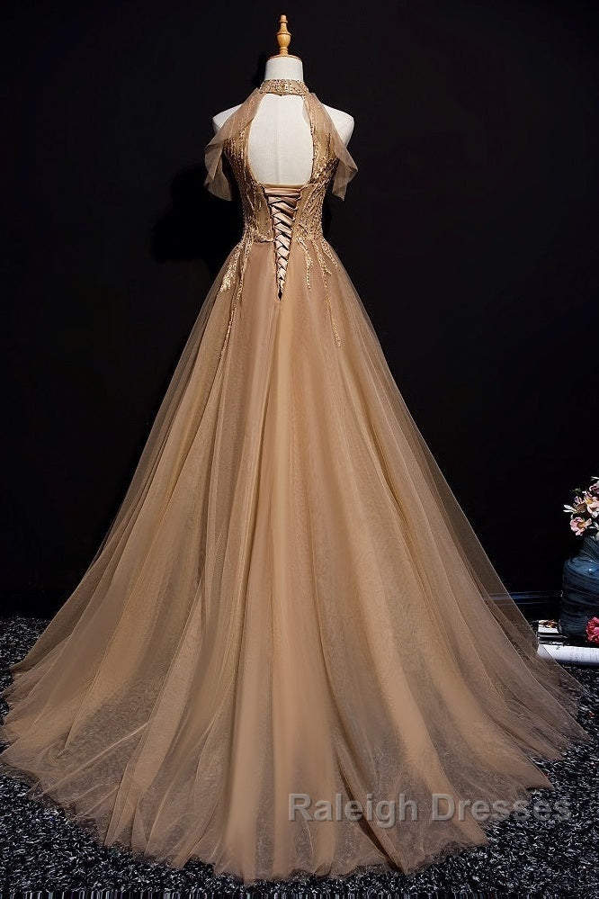 Charming Champagne Tulle Halter Long Party Gown, Prom Dress