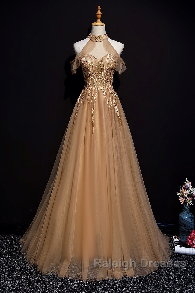 Charming Champagne Tulle Halter Long Party Gown, Prom Dress