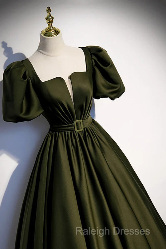 Charming Dark Green Puffy Sleeves Long Evening Gown, Satin Floor Length Prom Dress