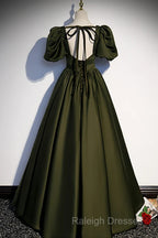 Charming Dark Green Puffy Sleeves Long Evening Gown, Satin Floor Length Prom Dress