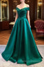 Charming Dark Green Satin Long Junior Prom Dress, Off Shoulder Prom Gowns