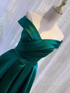 Charming Dark Green Satin Long Junior Prom Dress, Off Shoulder Prom Gowns