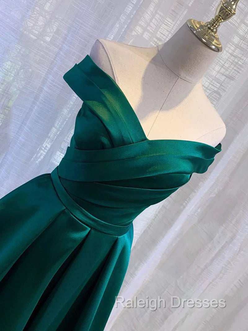 Charming Dark Green Satin Long Junior Prom Dress, Off Shoulder Prom Gowns