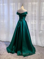 Charming Dark Green Satin Long Junior Prom Dress, Off Shoulder Prom Gowns