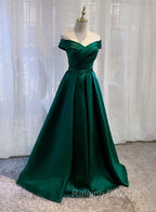 Charming Dark Green Satin Long Junior Prom Dress, Off Shoulder Evening Gown