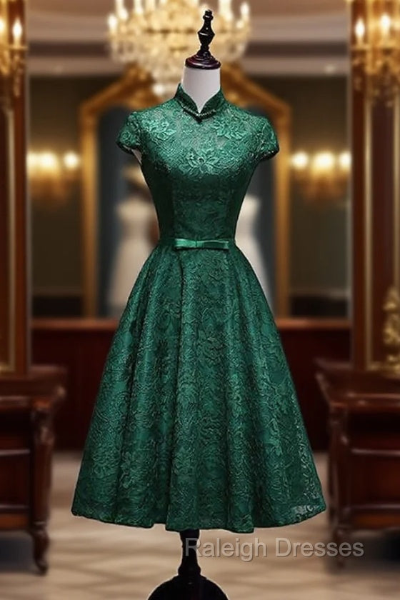 Charming Dark Green Tea Length High Neckline Party Dress, Wedding Party Dress Secondary image