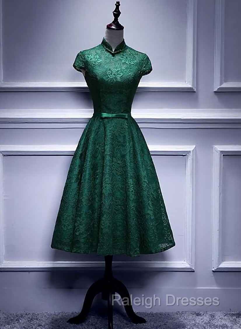 Charming Dark Green Tea Length High Neckline Party Dress, Wedding Party Dress Main image