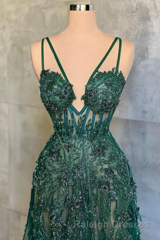 Charming Dark Green Tulle Long Prom Dresses Sweetheart Sleeveless Prom Dresses