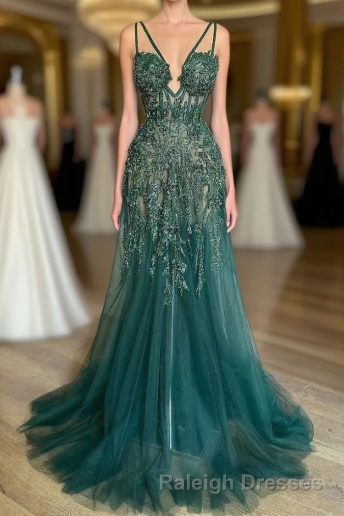Charming Dark Green Tulle Long Evening Dress Sweetheart Sleeveless Formal Prom Dress Main image