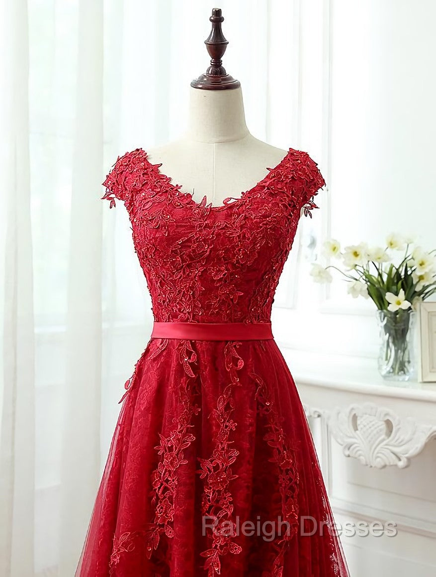 Charming Dark Red Lace A Line Long Prom Dress, Red Prom Gowns