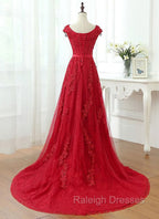 Charming Dark Red Lace A-line Long Prom Dress, Red Evening Gown