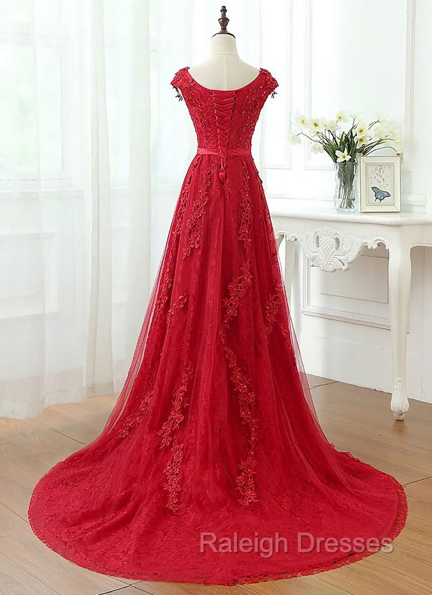 Charming Dark Red Lace A-line Long Prom Dress, Red Evening Gown