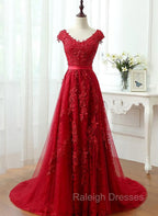 Charming Dark Red Lace A Line Long Prom Dress, Red Prom Gowns