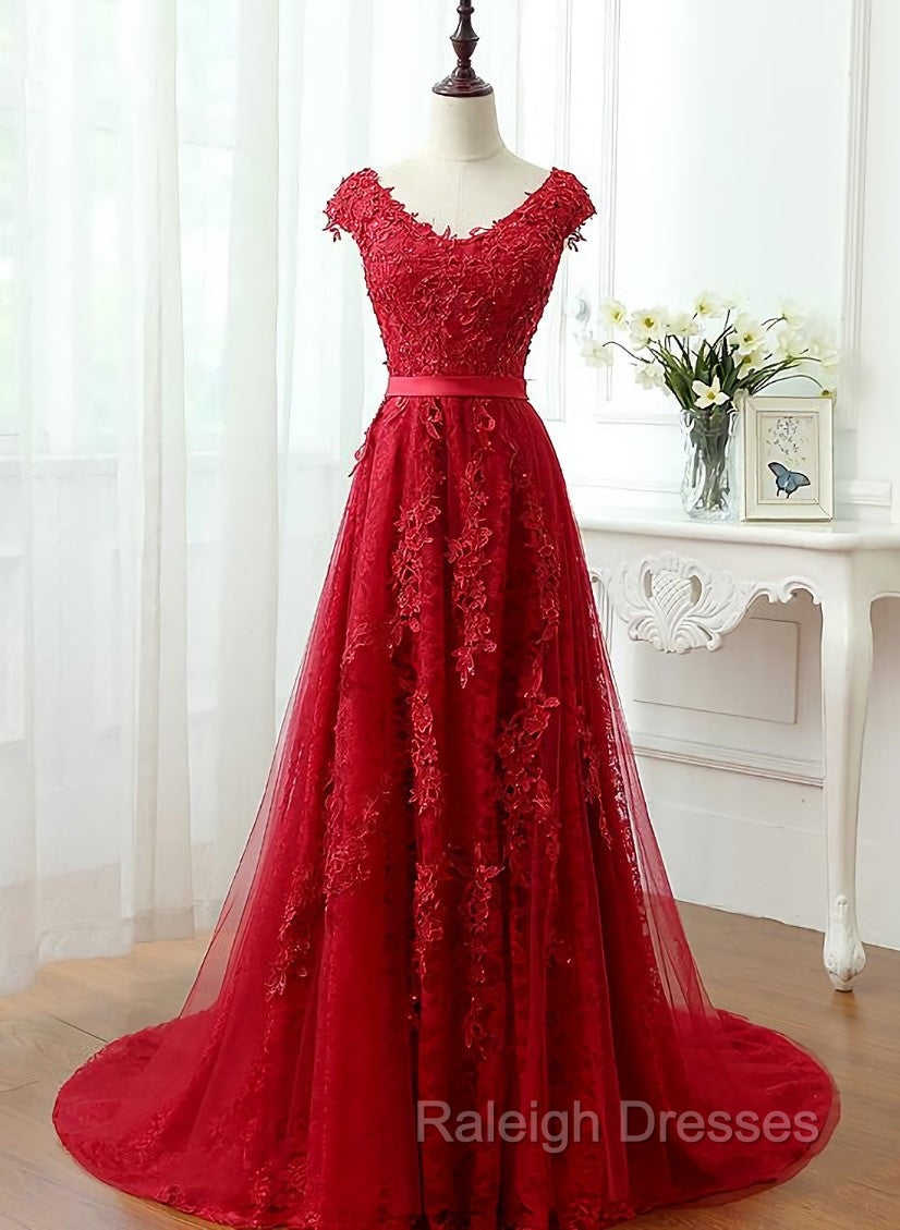 Charming Dark Red Lace A Line Long Prom Dress, Red Prom Gowns