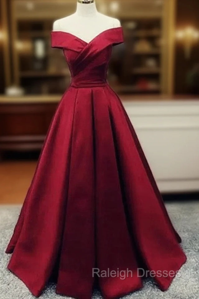 Charming Dark Red Satin A Line Off Shoulder Gowns, Prom Dress Main image
