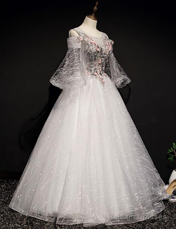 Charming Floral And Lace Ball Gowns Sweet 16 Dresses Light Grey Prom Dresses
