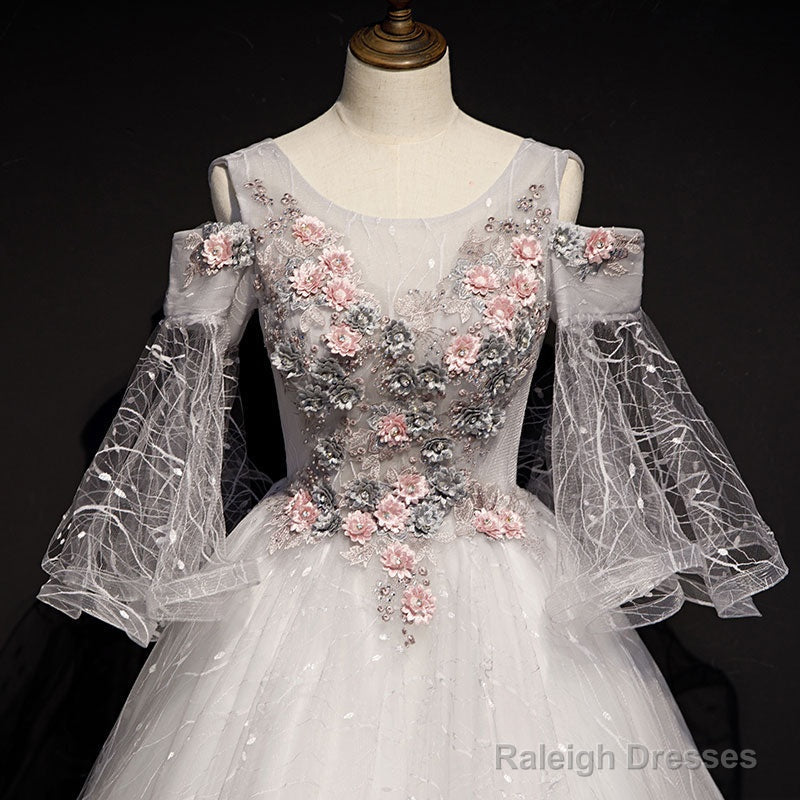 Charming Floral And Lace Ball Gowns Sweet 16 Dresses Light Grey Prom Dresses