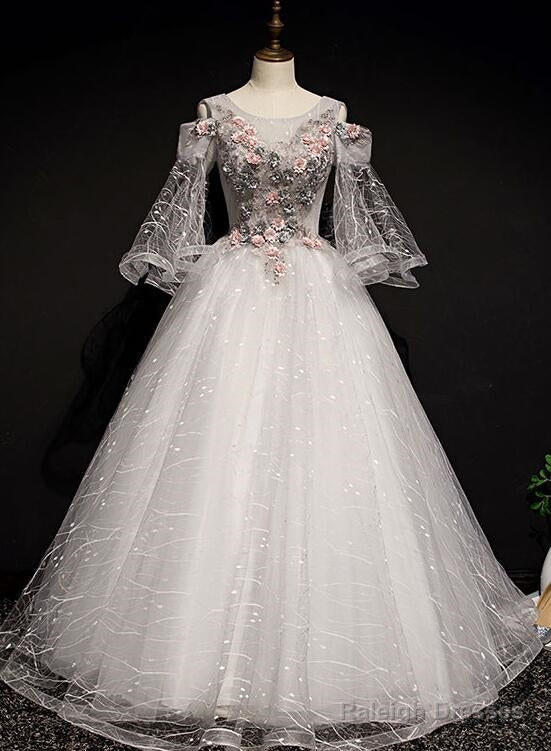 Charming Floral And Lace Ball Gowns Sweet 16 Dresses Light Grey Prom Dresses