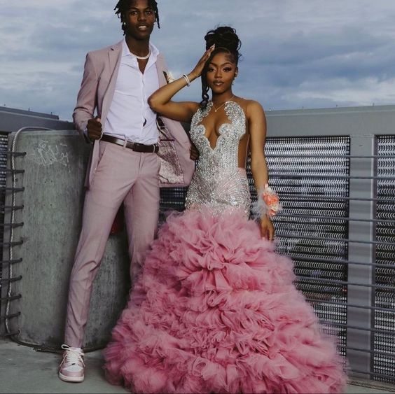Beautiful Pink Beaded Mermaid Prom Dresses Long Prom Dresses