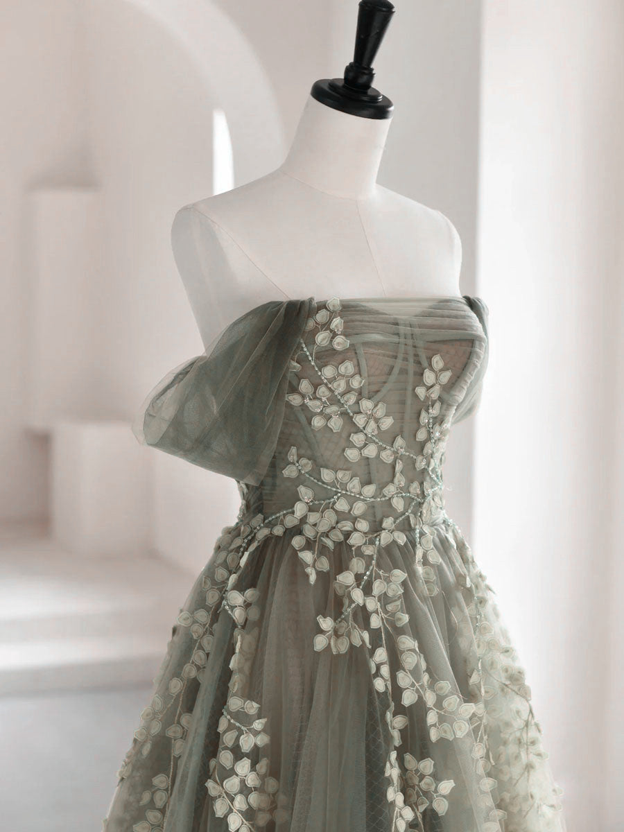 Charming Green Tulle Off Shoulder Prom Dresses Green Long A-Line Prom Dresses