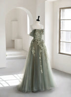 Charming Green Tulle Off Shoulder Prom Dresses Green Long A-Line Prom Dresses