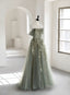 Charming Green Tulle Off Shoulder Prom Dresses Green Long A-Line Prom Dresses
