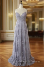 Charming Grey Lace Evening Party Dress , High Quality Formal Gown