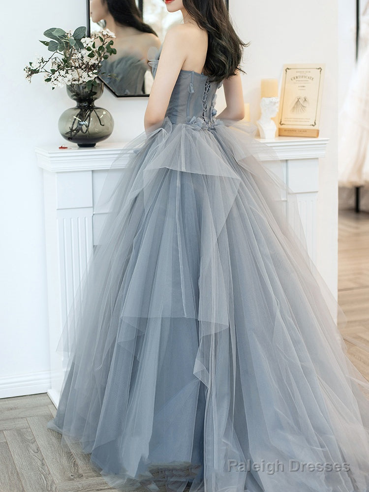 Charming Grey Tulle Long Sweet 16 Gown With Flowers, Grey Formal Dress Party Dress