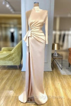 Charming High Neck Long Sleeves Prom Dresses Front Split Long