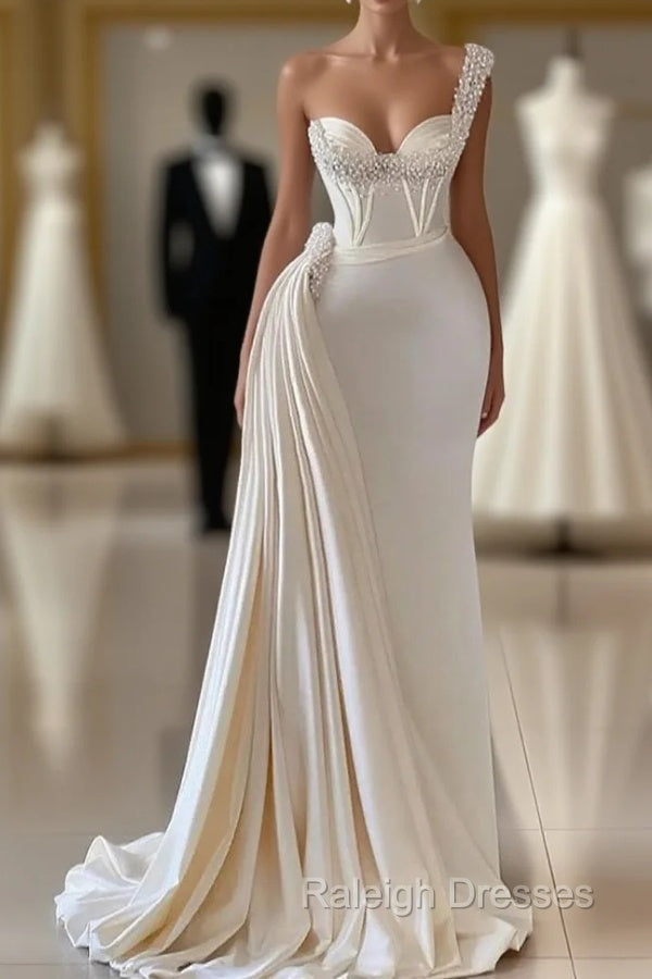 Charming Ivory One Shoulder Sleeveless Sweetheart A-line Bridal Dress With Beads Main image