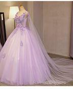 Charming Lavender Tulle Flowers Long Prom Dress, Sweet 16 Gowns