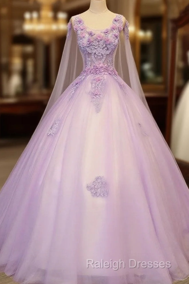 Charming Lavender Tulle Flowers Long Prom Dress, Sweet 16 Gowns Main image
