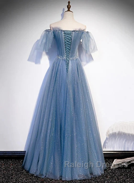 Charming Light Blue Tulle Puffy Sleeves Floor Length Party Dress A-Line Pricess Gowns Prom Dress Sparkly Secondary image