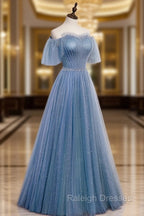 Charming Light Blue Tulle Puffy Sleeves Floor Length Party Dress, Blue A-line Pricess Gowns Prom Dress