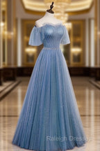 Charming Light Blue Tulle Puffy Sleeves Floor Length Prom Dresses Blue A Line Pricess Gowns Prom Dresses