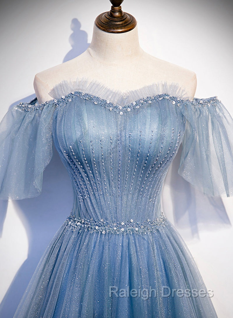 Charming Light Blue Tulle Puffy Sleeves Floor Length Prom Dresses Blue A Line Pricess Gowns Prom Dresses