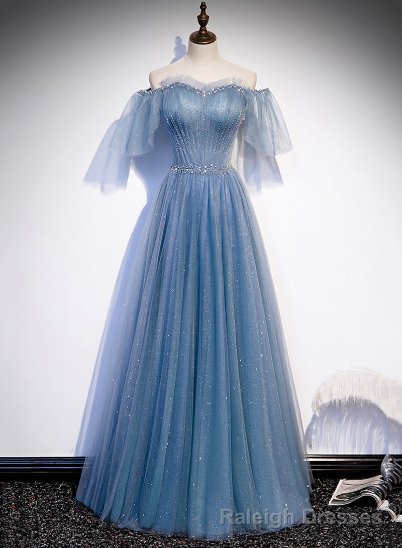 Charming Light Blue Tulle Puffy Sleeves Floor Length Party Dress,Blue A-line Princess Gowns Prom Dresses Main image