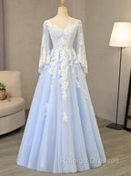Charming Light Blue Tulle V Neckline Long Prom Dress, Prom Dress