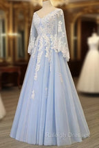 Charming Light Blue Tulle V-neckline Long Party Dress, Prom Dress