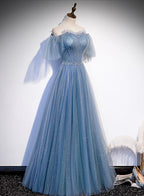 Charming Light Blue Tulle Puffy Sleeves Floor Length Prom Dresses Blue A-Line Pricess Gown Prom Dresses