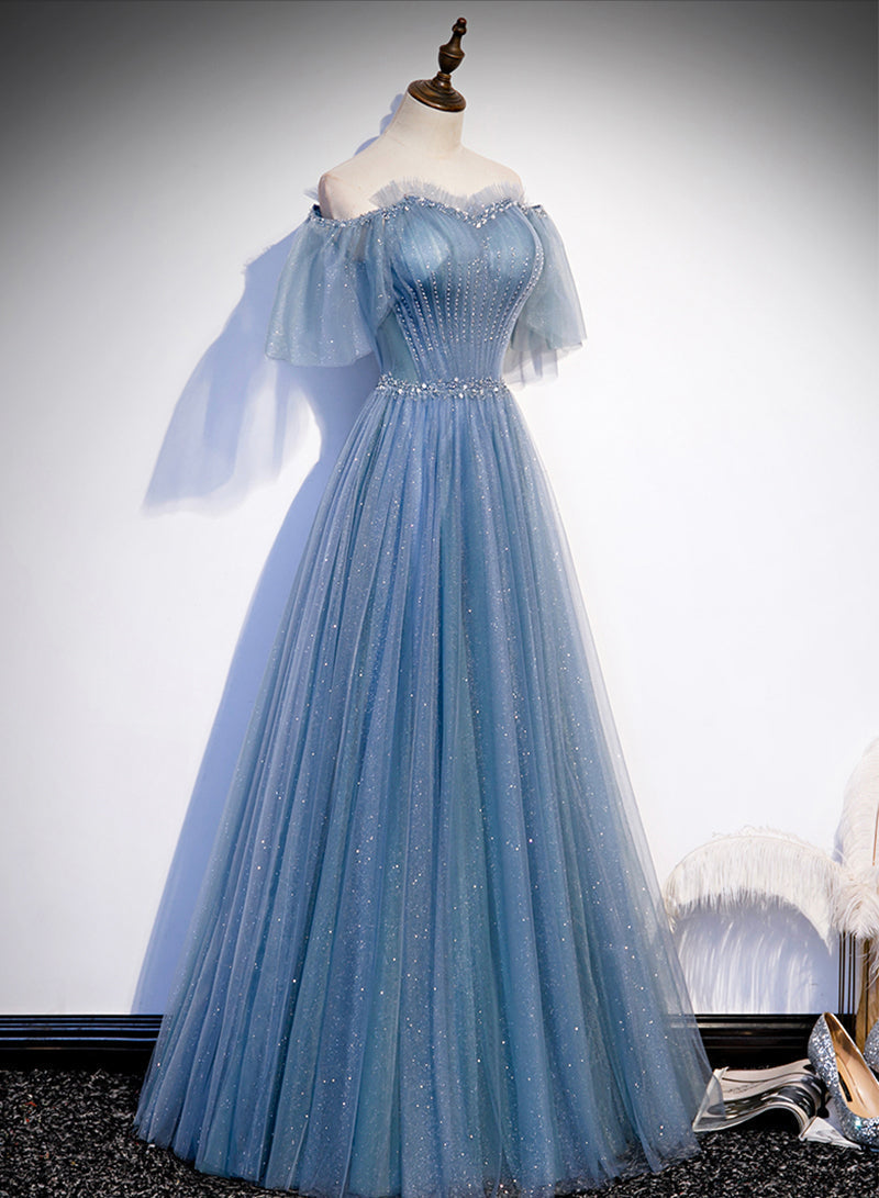 Charming Light Blue Tulle Puffy Sleeves Floor Length Prom Dresses Blue A-Line Pricess Gown Prom Dresses