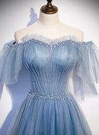 Charming Light Blue Tulle Puffy Sleeves Floor Length Prom Dresses Blue A-Line Pricess Gown Prom Dresses