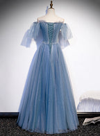 Charming Light Blue Tulle Puffy Sleeves Floor Length Prom Dresses Blue A-Line Pricess Gown Prom Dresses