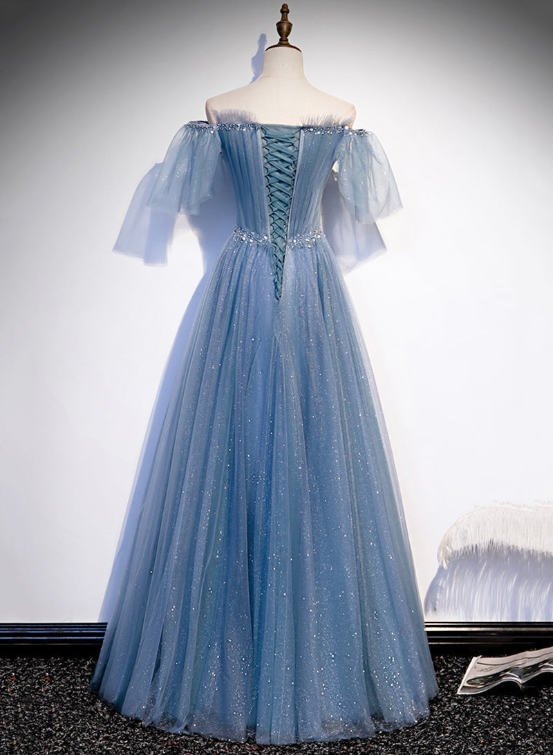 Charming Light Blue Tulle Puffy Sleeves Floor Length Prom Dresses Blue A-Line Pricess Gown Prom Dresses