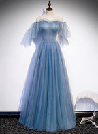Charming Light Blue Tulle Puffy Sleeves Floor Length Prom Dresses Blue A-Line Pricess Gown Prom Dresses