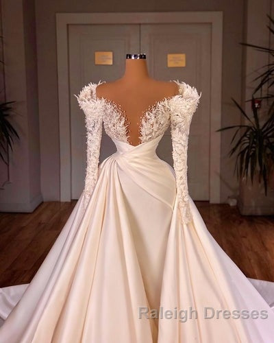 Charming Long A-line Cathedral V-neck Satin Lace Wedding Dresses With Sleeves Main image