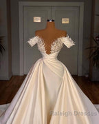 Charming Long A Line Off-the-shoulder Cathedral V Neck Satin Lace Wedding Dresses
