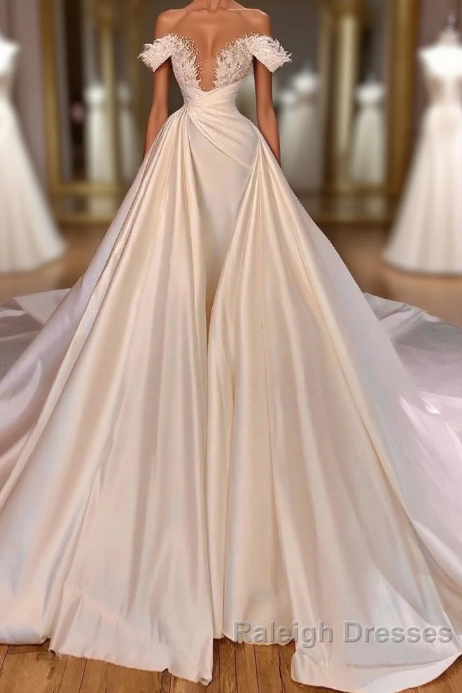 Charming Long A-line Off-the-shoulder Cathedral V-neck Satin Lace Wedding Dress