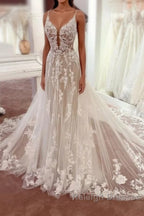 Charming Long A Line Spaghetti Straps Appliques Lace Tulle Backless Wedding Dresses